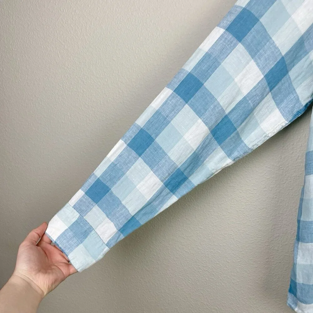 Banana Republic Men's Large Camden Fit 100% Linen Plaid Shirt Collare Button Blu